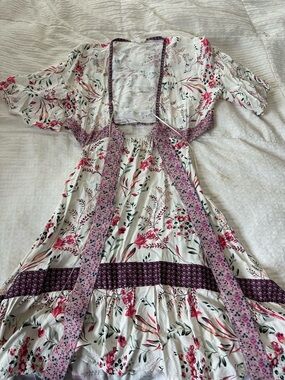 Floral Asymmetrical White and Pink Maxi Dress with Purple Accents